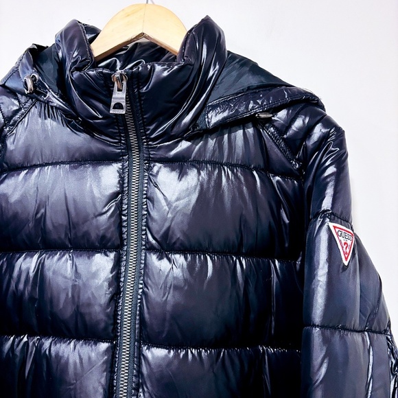 GUESS Black Shiny Hooded Puffer Coat - Picture 5 of 9